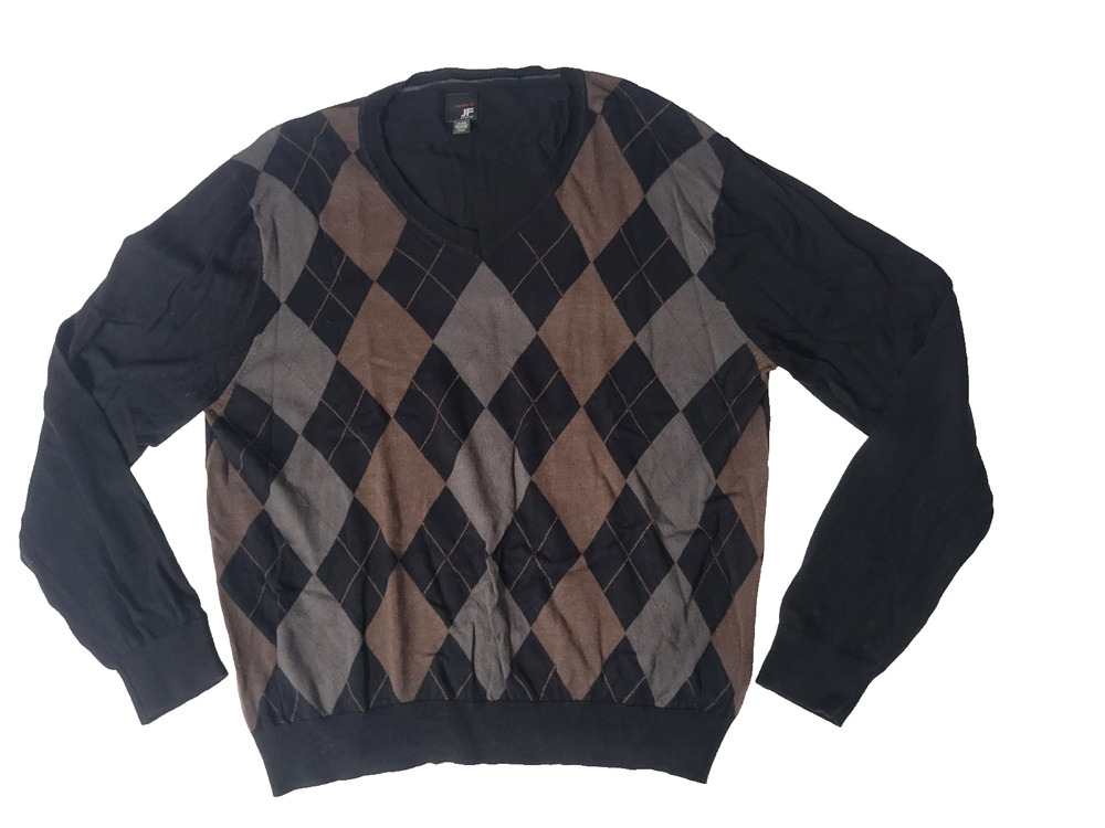 J Ferrar Mens XL Black Gray Brown Argyle V Neck Sweater Modern Fit Pullover